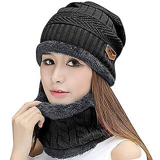 Fashlook Woolen Black Casual Winter Cap