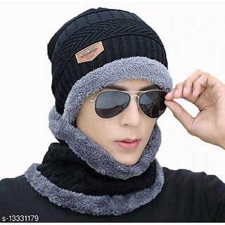 Fashlook Woolen Black Casual Winter Cap