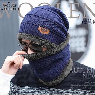 Fashlook Woolen Dark Blue Casual Winter Cap
