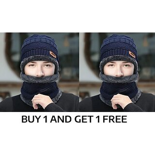Fashlook Woolen Dark Blue Casual Winter Cap (Pack of 2)