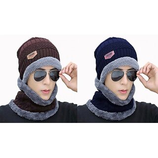 Fashlook Woolen Brown, Dark Blue Casual Winter Cap (Pack of 2)