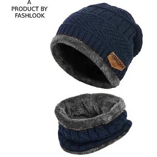 Fashlook Woolen Dark Blue Casual Winter Cap (Pack of 2)