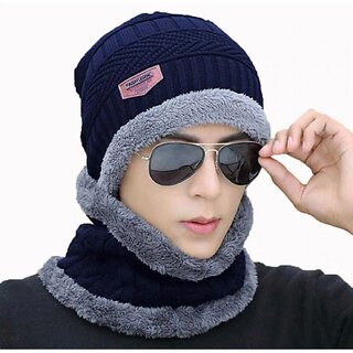 Fashlook Woolen Dark Blue Casual Winter Cap
