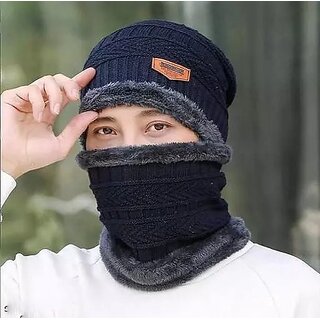 Fashlook Woolen Dark Blue Casual Winter Cap