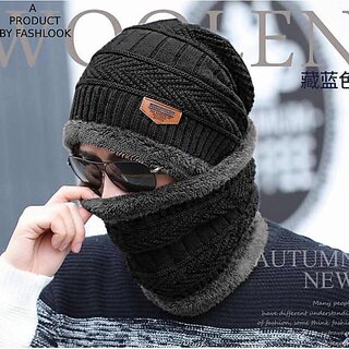 Fashlook Woolen Black Casual Winter Cap
