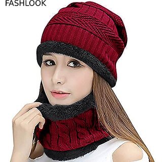 Fashlook Woolen Maroon Casual Winter Cap