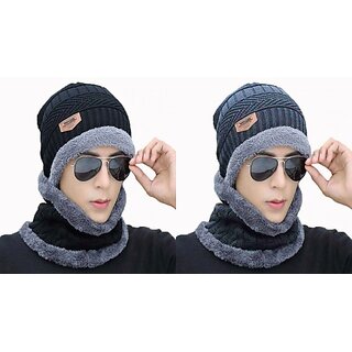 Fashlook Woolen Black, Grey Casual Winter Cap (Pack of 2)