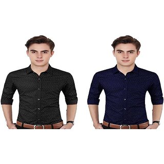 Fashlook Polka Print Curved Collar Regular Fit Cotton Blend Casual Dark Blue///Black Shirt For Mens (Pack of 2)