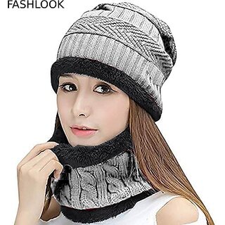 Fashlook Woolen Grey Casual Winter Cap