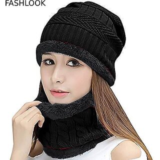 Fashlook Woolen Black Casual Winter Cap