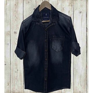 Fashlook Solid Curved Collar Regular Fit Cotton Blend Casual Dark Blue Shirt For Mens