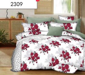 Indkus Nexa White Red Flowers printed double bedsheet with 2 Pillow Covers (228 X 228 cm)