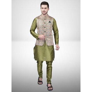 PrintCultr Men Silk Blend Green Kurta Pyjama Ethnic Jacket Set