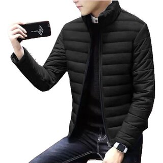 Fashlook Full Sleeve Solid Fluffy Black Jacket For Mens