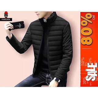 Fashlook Full Sleeve Solid Fluffy Black Jacket For Mens