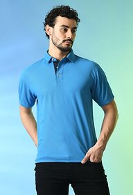 PrintCultr Solid Men Polo Neck Cotton Blend Blue T-Shirt