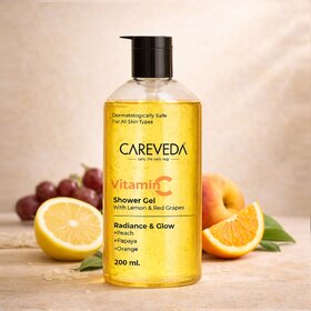 CareVeda Shower Gel, Skin Brightening Body Wash with Peach Papaya Orange, Fresh & Glowing Skin 200ml