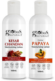 Globus Naturals Body Lotion Combo Set of 2 Kesar Chandan Papaya Body Lotion For NonGreasy Lightweight Body Moisturizer for Women Men All Skin Types