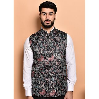 PrintCulture Men Printed Black Cotton Blend Nehru Jacket