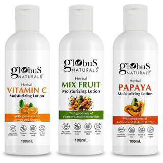 (Set of 3) Globus Naturals Body Lotion Vitamin C Mix Fruit Papaya Body Lotion Non-Greasy Lightweight Body Moisturizer for All Skin Types