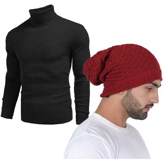(Combo of 2) Fashlook Woolen Maroon Casual Winter Cap and Fashlook Solid Full Sleeve Casual Black Sweaters For Mens