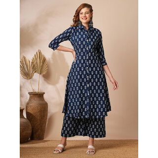 Granth Fashion Cotton Straight Kurti With Palazzo Pant For Women (Indigo)