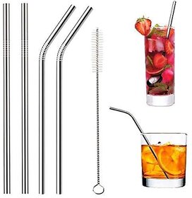 Reusable BPA-Free Metal Thick Long Dishwasher Safe Stainless Steel Drinking Straws 8.5 Inches (2 Straight 2 Bend and 1 Cleaning Brush)