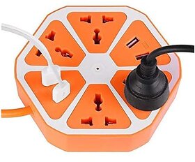 220 Watt 10Amp 4 USB Hexagon Extension Board and 4 Socket Outlet Ports with 6 ft Surge Protection Multi-Faceted Safety Power Sockets (Multicolor)
