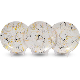 Ariya Melamine 10.5 Inch Dinner Plates - White Base, Golden & Black, Set of 3 | Durable, Lightweight & Easy to Clean
