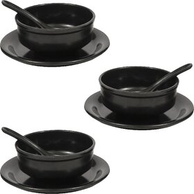 Aurka Melamine Soup Bowl Set with Spoon and Plate (Black Set of 3) Perfect for Soup, Noodles, Pasta, for Home, Office