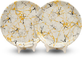 Ariya Melamine 12 Inch Dinner Plates - White Base, Golden & Black, Set of 2 | Durable, Lightweight & Easy to Clean