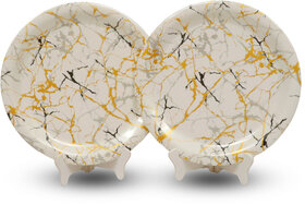 Ariya Melamine 11 Inch Dinner Plates - White Base, Golden & Black, Set of 2 | Durable, Lightweight & Easy to Clean