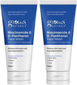 Globus Naturals Niacinamide  DPanthenol Face Wash with Vitamin E  Glycerine Reduces Dark Spots  Hyperpigmentation Suitable for Oily  Sensitive Skin 50gm Set of 2
