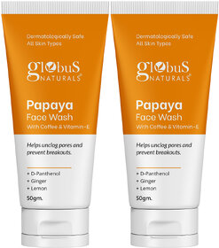 Globus Naturals Papaya Face Wash with Coffee  VitaminE  helps unclog pores and reduces breakouts Suitable for All Skin Types 50gm Set of 2
