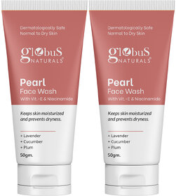Globus Naturals Pearl Face Wash with VitaminE  Niacinamide keeps skin moisturised  controls dryness Suitable for Normal to Dry Skin 50gm Set of 2