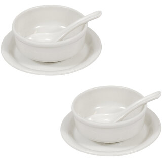 Aurka Melamine Soup Bowl Set with Spoon and Plate (White  Set of 2) Perfect for Soup, Noodles, Pasta, for Home, Office