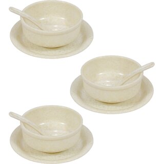 Aurka Melamine Soup Bowl Set with Spoon and Plate (Marble  Set of 3) Perfect for Soup, Noodles, Pasta, for Home, Office