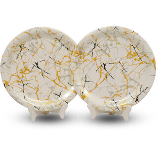 Ariya Melamine 11 Inch Dinner Plates - White Base, Golden & Black, Set of 2 | Durable, Lightweight & Easy to Clean