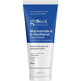 Globus Naturals Niacinamide  DPanthenol Face Wash with Vitamin E  Glycerine Reduces Dark Spots  Hyperpigmentation Suitable for Oily  Sensitive Skin 50gm
