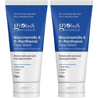 Globus Naturals Niacinamide  DPanthenol Face Wash with Vitamin E  Glycerine Reduces Dark Spots  Hyperpigmentation Suitable for Oily  Sensitive Skin 50gm Set of 2