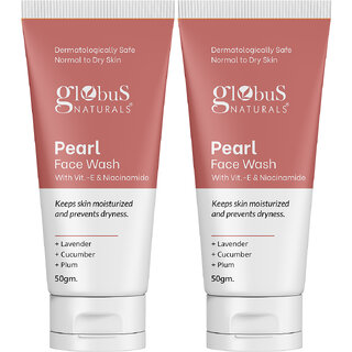 Globus Naturals Pearl Face Wash with VitaminE  Niacinamide keeps skin moisturised  controls dryness Suitable for Normal to Dry Skin 50gm Set of 2