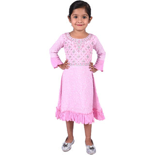 Kid Kupboard Cotton Girls A-Line Frock, Light Pink, Full-Sleeves, 6-7 Years KIDS7457