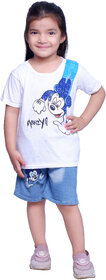 Kid Kupboard Cotton Girls T-Shirt and Short Set, White/Blue, Half-Sleeves, 6-7 Years KIDS7500