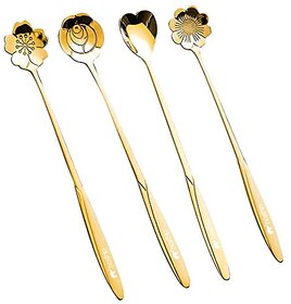 Golden Spoon Set/Coffee Spoon/Dessert Spoon/Cutlery Kitchen Tableware/Stainless Steel Gold Flower Shape Coffee Spoon with Package Bag 18cm 4 Pcs Different Coffee Spoon