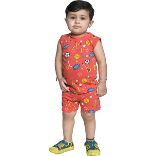 Kid Kupboard Cotton Baby Boys T-Shirt and Short Set, Red, Sleeveless, 2-3 Years KIDS7472
