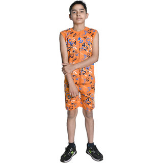 Kid Kupboard Cotton Boys T-Shirt and Short Set, Light Orange, Sleeveless, 11-12 Years KIDS7477