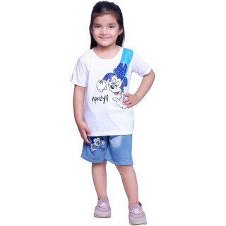 Kid Kupboard Cotton Girls T-Shirt and Short Set, White/Blue, Half-Sleeves, 6-7 Years KIDS7500