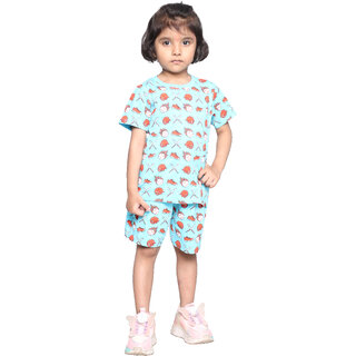 Kid Kupboard Cotton Girls T-Shirt and Short Set, Light Blue, Half-Sleeves, 5-6 Years KIDS7501
