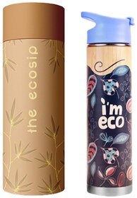 IMECO Bamboo Bottle Stainless Steel Printed Bottle  Premium Bottle Hot  Cold  Leakproof  Comes with Strainer  Double-Wall Vaccum Insulated  Travel  Adult  Kids (Petrichor  500 ML)