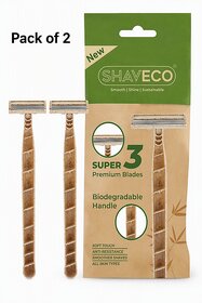 (Pack of 2) SHAVECO Bamboo Safety Disposable Razor for Men 3 Blades Razor with Lubricating Strip / Pivot Head